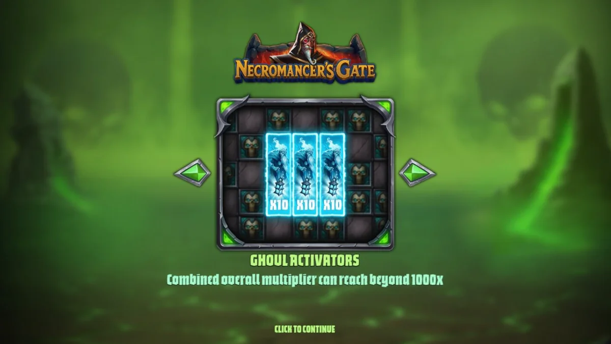 Tampilan visual slot Necromancer’s Gate dengan nuansa gotik dan tengkorak